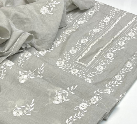 Soft Paper Cotton Handwork Embroidered Suit – 2 Piece - Silver Grey