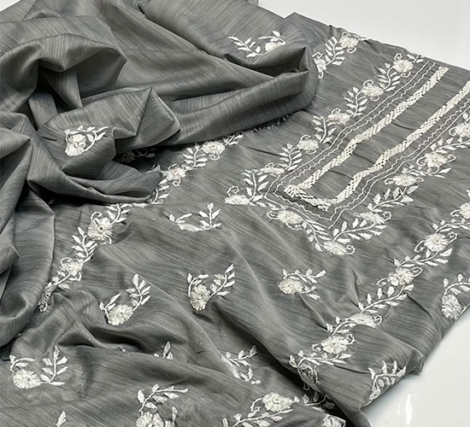 Soft Paper Cotton Handwork Embroidered Suit – 2 Piece - Charcoal Grey